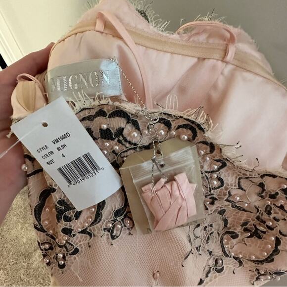 NWT MIGNON Pink Lace Pearl Tulle Sleeveless Maxi Gown 4 - Picture 9 of 11